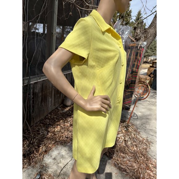 60s Mod Mini Dress Sunshine Yellow Schapira Embossed Print 1/4 Button Up - Picture 9 of 12